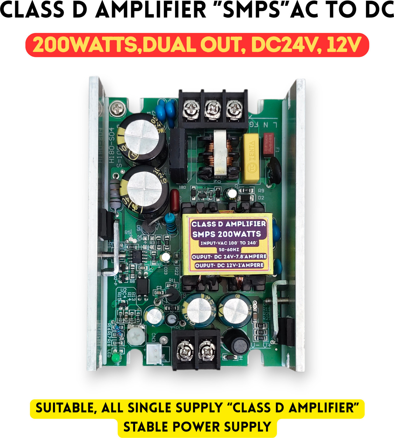 Image of VAVESONIC Class D Amplifier 200W SMPS Power Supply AC to DC Dual Output 24V 7.8A + 12V 1A Power Supply Electronic Hobby Kit