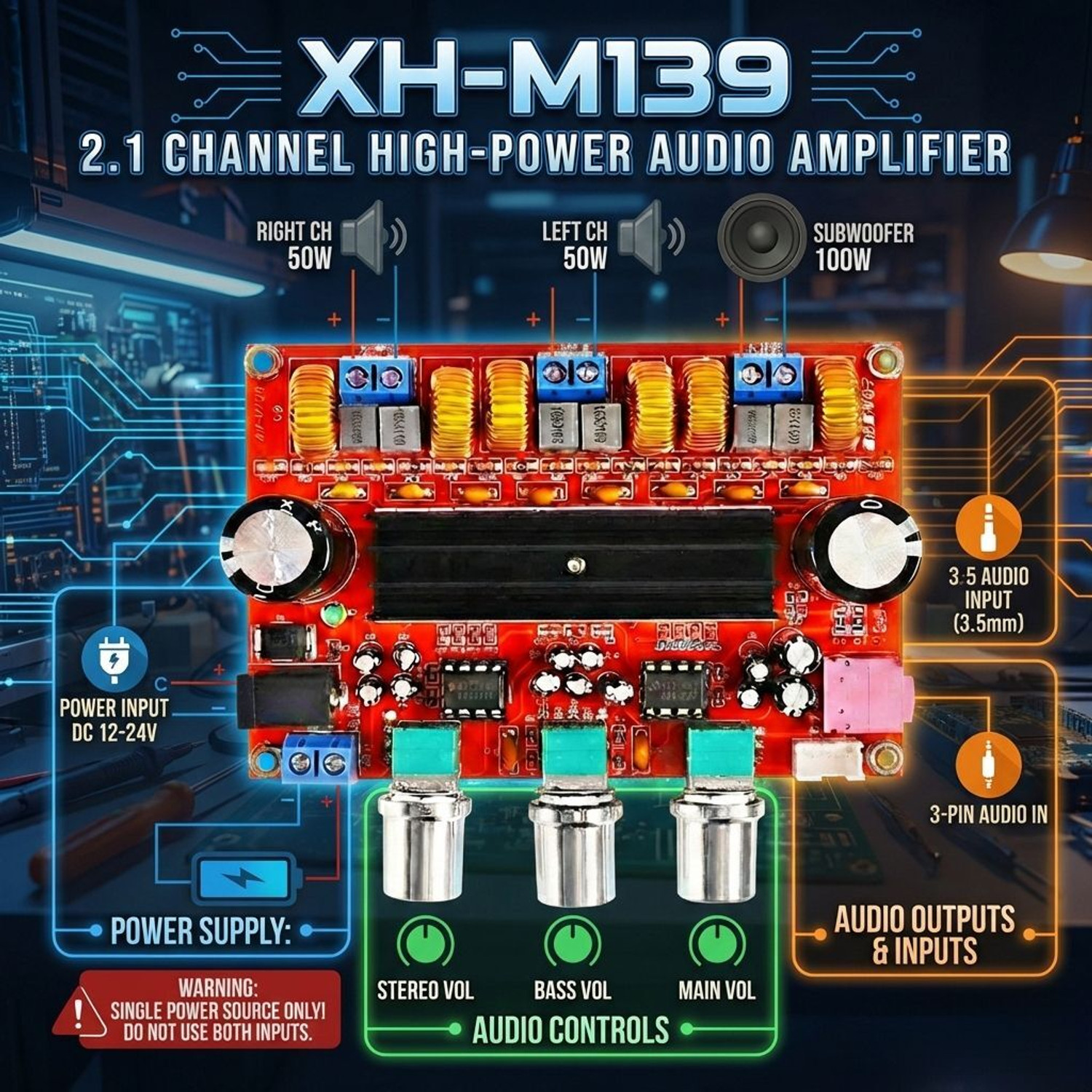 Image of CocksComb TPA3116D2 Class D 2.1 Amplifier Assembly 12-24V High Power Audio Unit Sound Recorder and Sound Circuit Electronic Hobby Kit