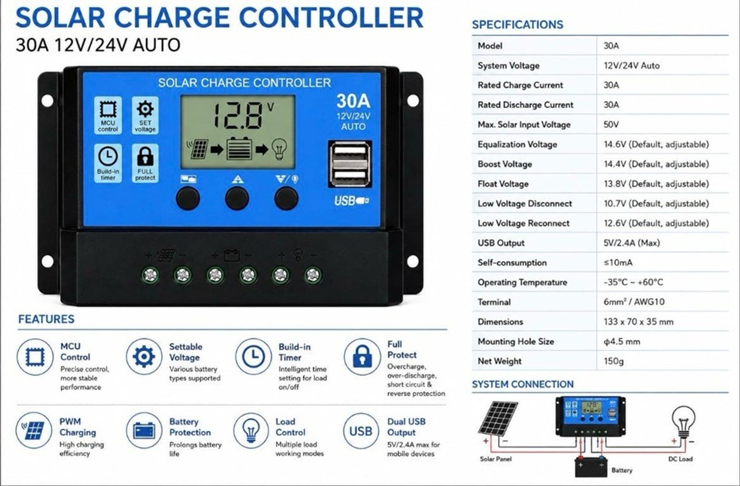 Image of EASTRA 30A 12V /24V Solar Charge Controller Electronic Components Electronic Hobby Kit