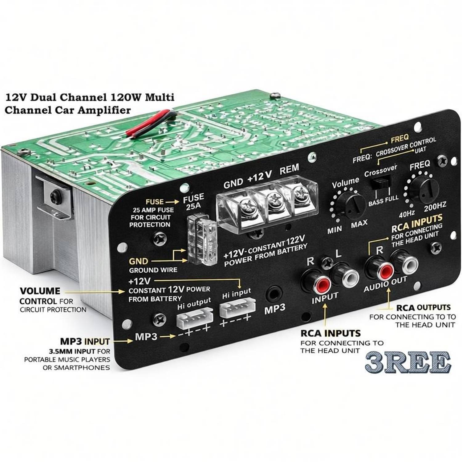 3REE PREMIUM 120W amplifier for sub woofer, basstube 12v Electronic Components Electronic Hobby Kit