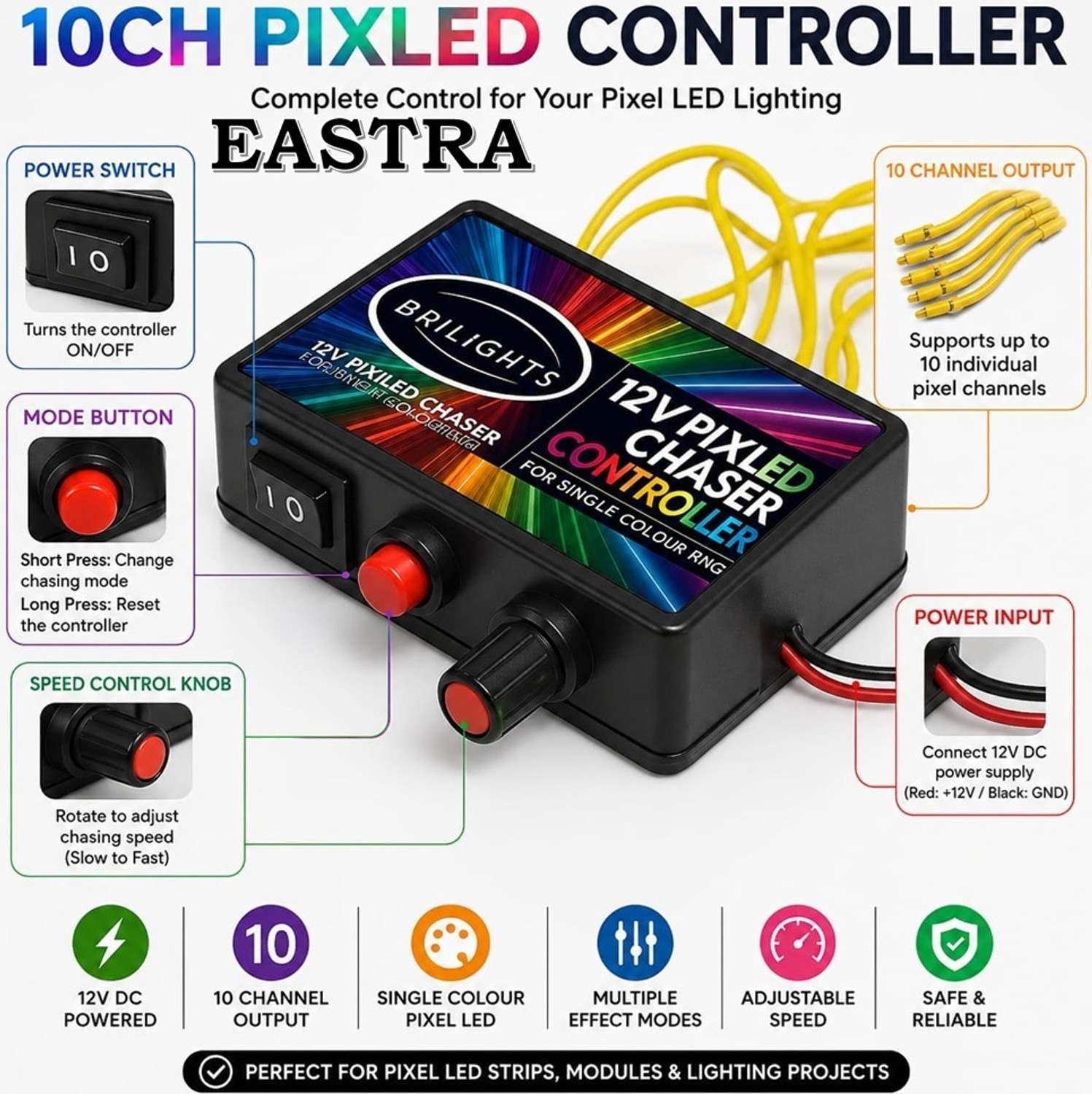 Image of EASTRA PREMIUM LED Running Chaser Controller, 10 Channel, Single Colour Pixel LED Module Electronic Hobby Kit
