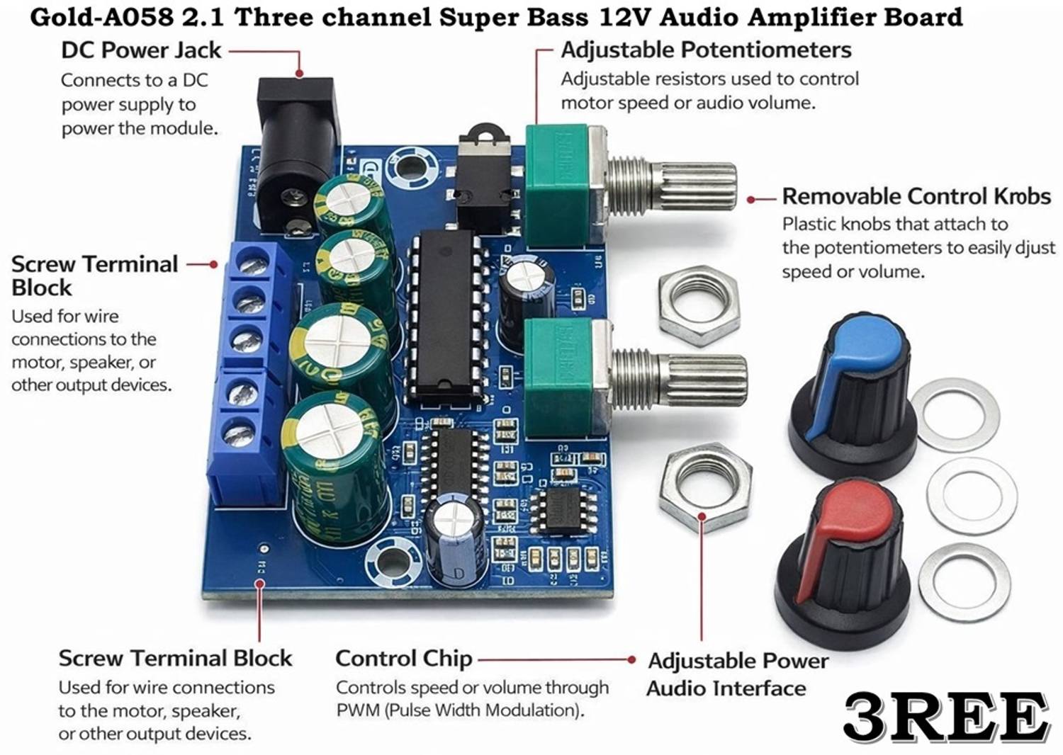 3REE Gold-A058 2.1 Three channel Super Bass 12V Audio Amplifier Board Sound Recorder and Sound Circuit Electronic Hobby Kit