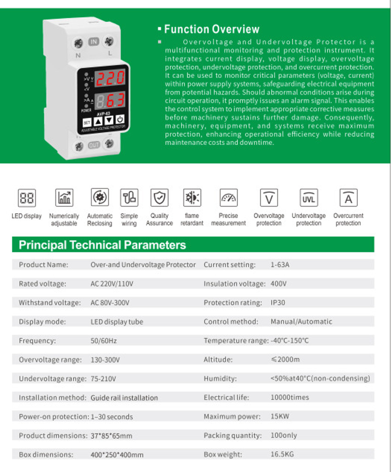 Image of Ametron VA Protector | Adjustable Setting 63A 1Ph 220V Voltage & Auto Reconnect Programmable Electronic Timer Switch