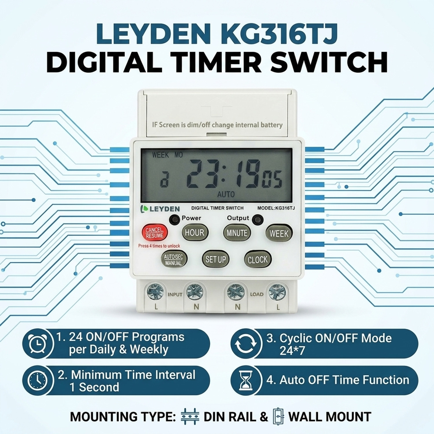 Image of Leyden KG316TJ, 30A, 220VAC, 16 On /Off Program, ON-Off Delay & Cyclic Timer Switch Programmable Electronic Timer Switch