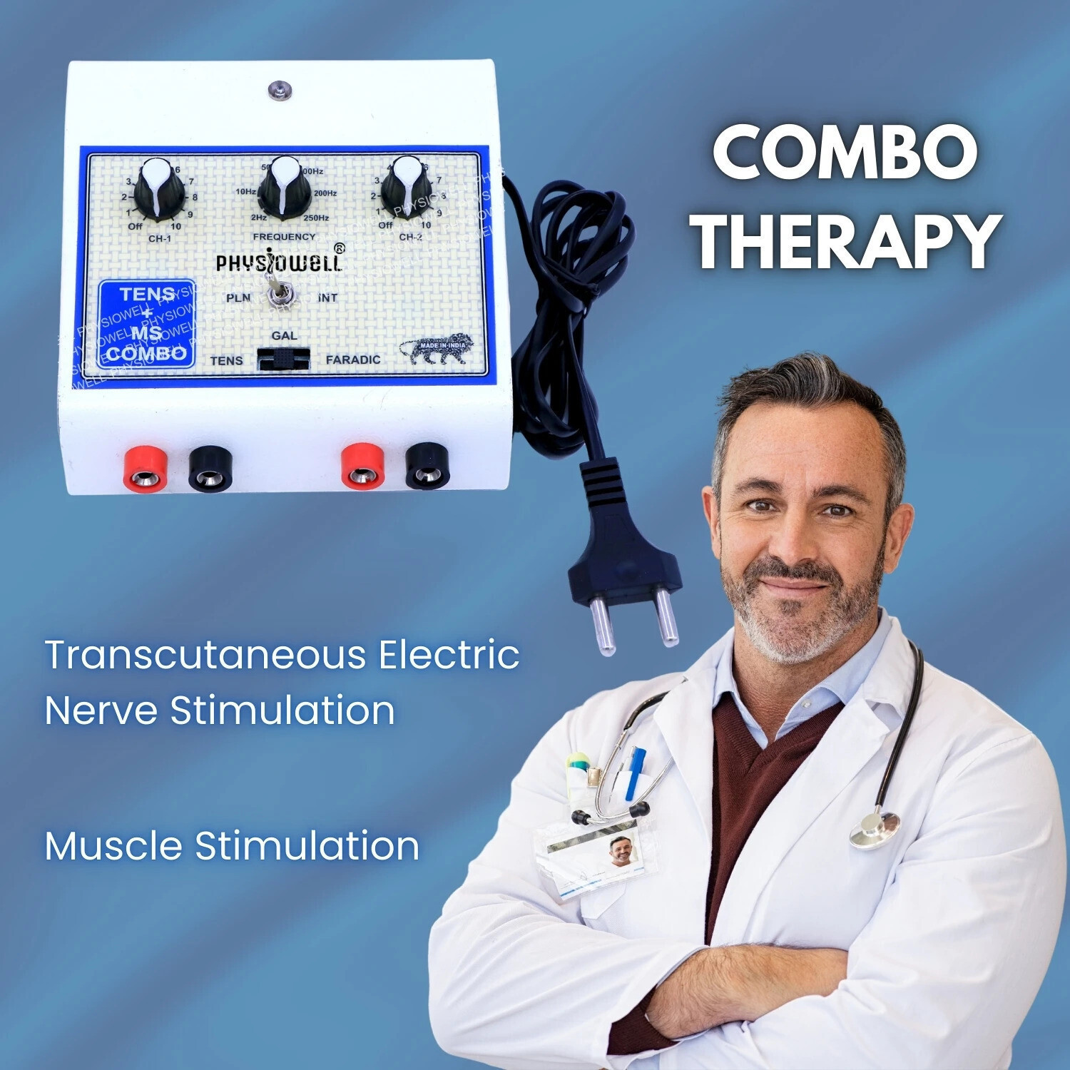 Image of Physiowell Physiotherapy Tens and Muscle Stimulator Combo 2 In 1 Unit Therapy Auto Tens MS Combo Machine Physiotherapy for Pain Relief with One Year Warranty Physiotherapy Equipment Electrotherapy Device