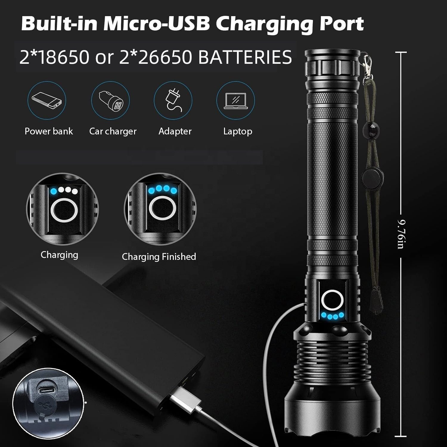 Image of Oximus High Power Long Distance Rechargeable Flashlight Support Zoom In /Focus XHP90 12 hrs Torch Emergency Light