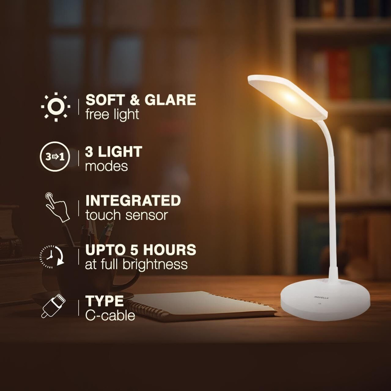 Image of HAVELLS Moderna Plus with Touch Sensor 6W 3-IN-1 Rechargeable Lamp 5 hrs Lantern Emergency Light