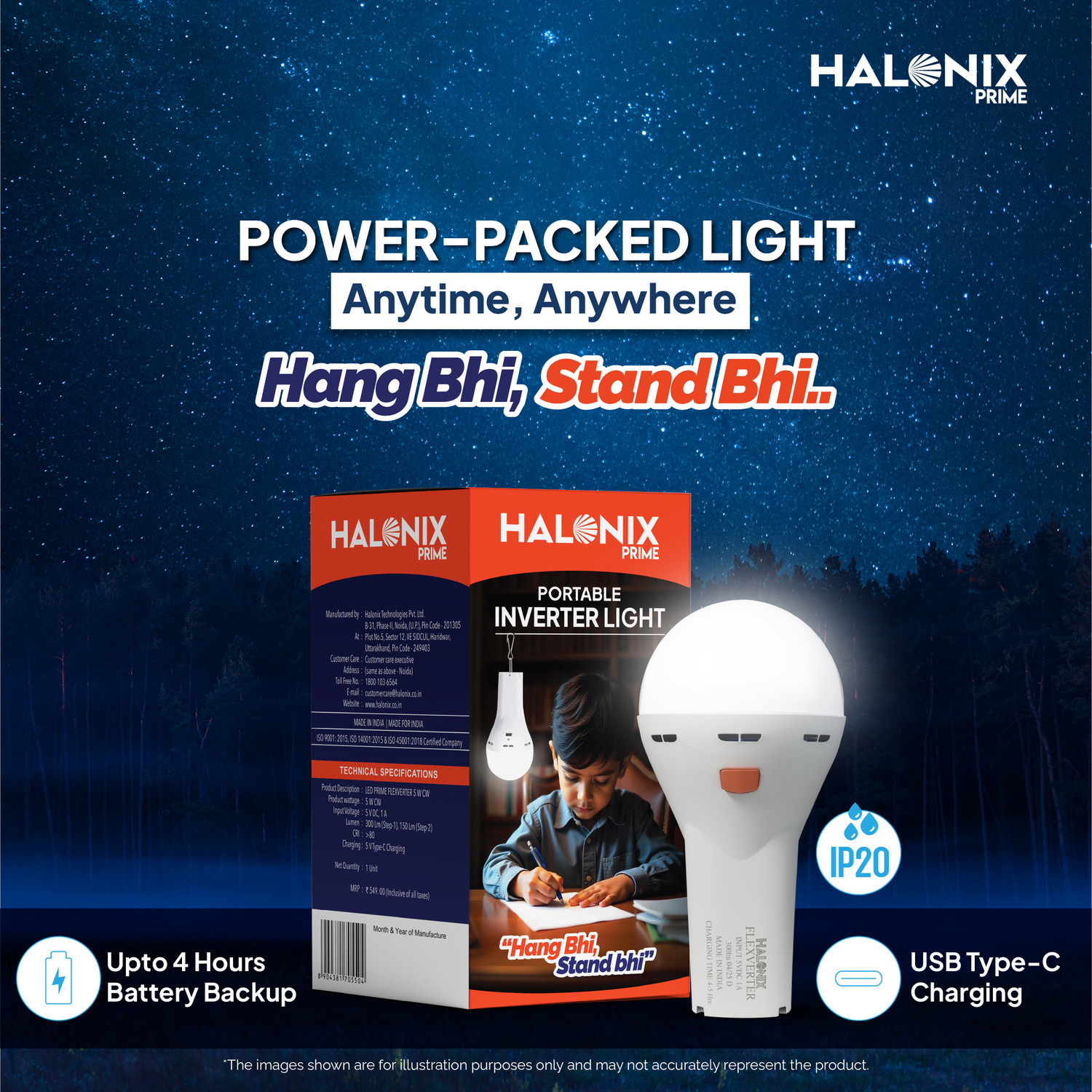 Image of HALONIX 5W Portable LED Torch + Bulb Emergency Hanging Lantern 4 hrs Torch Emergency Light