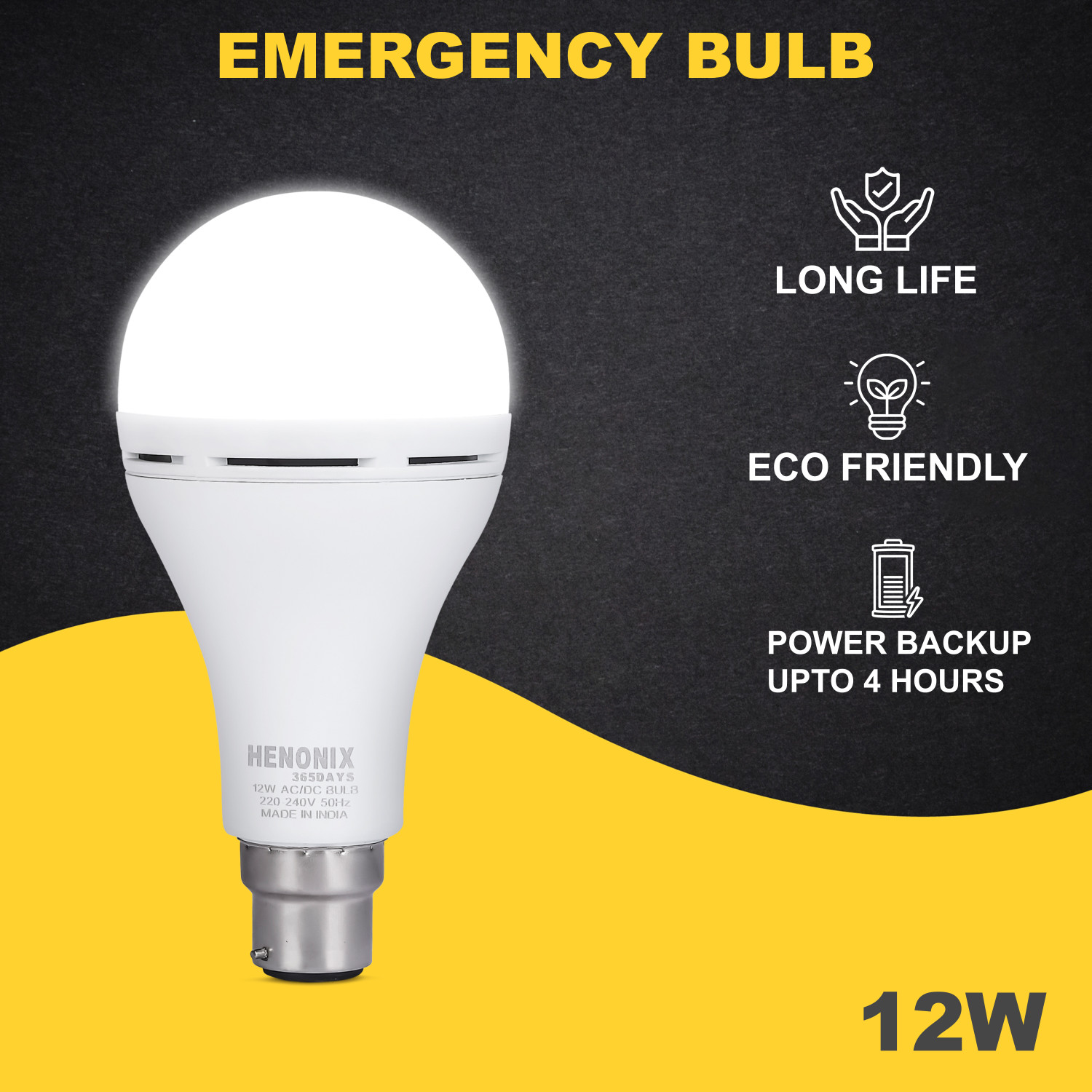 Image of HENONIX 12W Emergency LED Bulb with Built-in Battery Backup for Power Failures 4 hrs Bulb Emergency Light