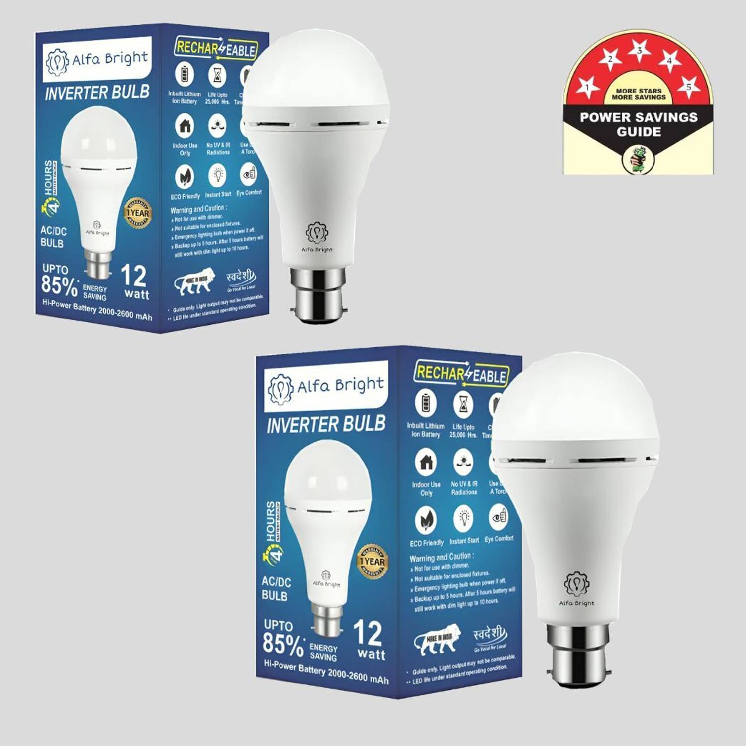 Alfa Bright Compact 12W Rechargeable LED Bulb for Power Outages 4 hrs Bulb Emergency Light