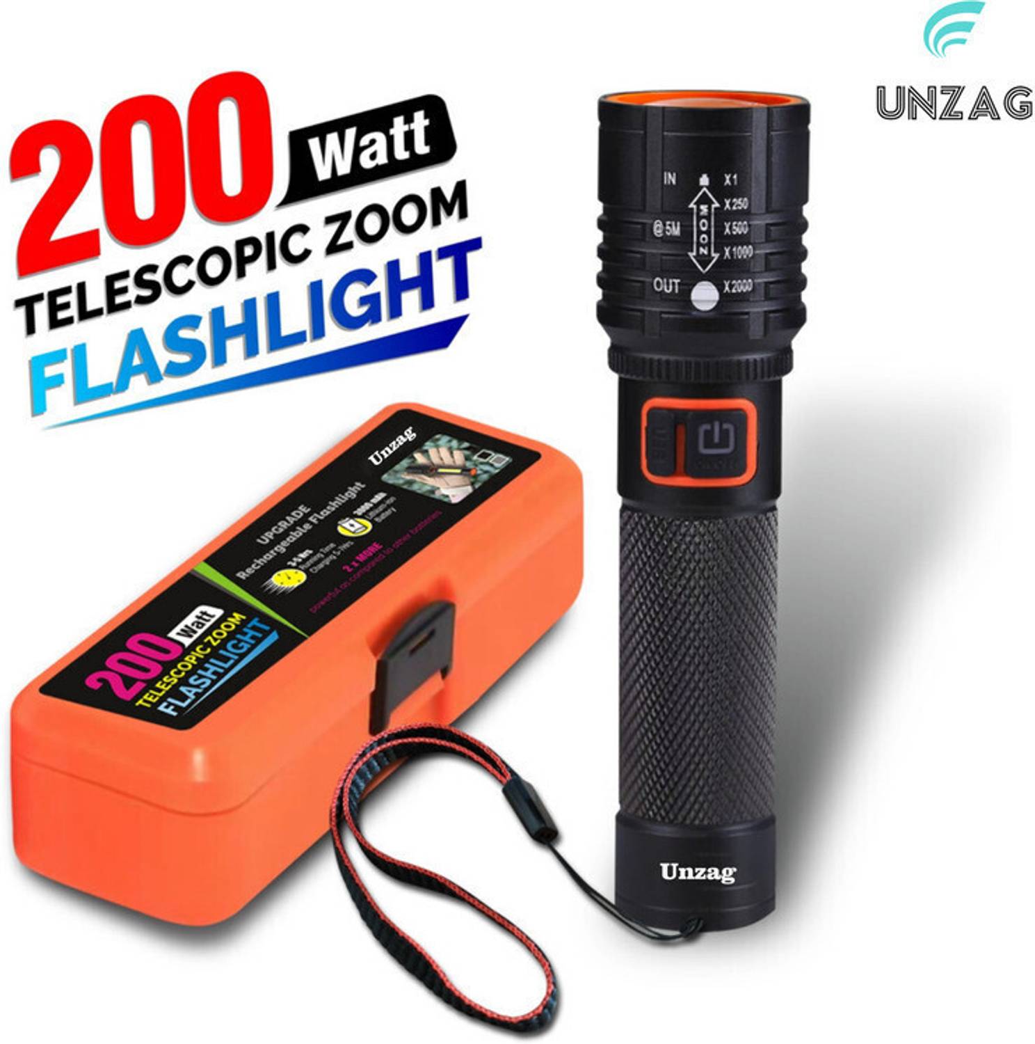 UNZAG 4 Mode_Rechargeable_Zoom Aluminum Flashlight With Cob Side Light 2 hrs Flood Lamp Emergency Light