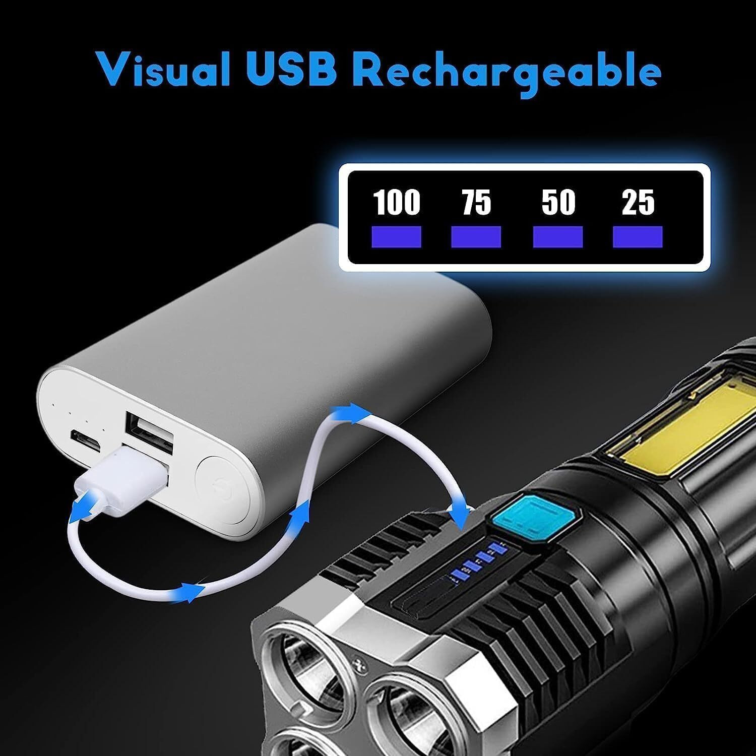 Image of Zakheza 4-in-1 Rechargeable LED Torch, Waterproof High-Power Pocket Flashlight USB-C Black Plastic Table Lantern