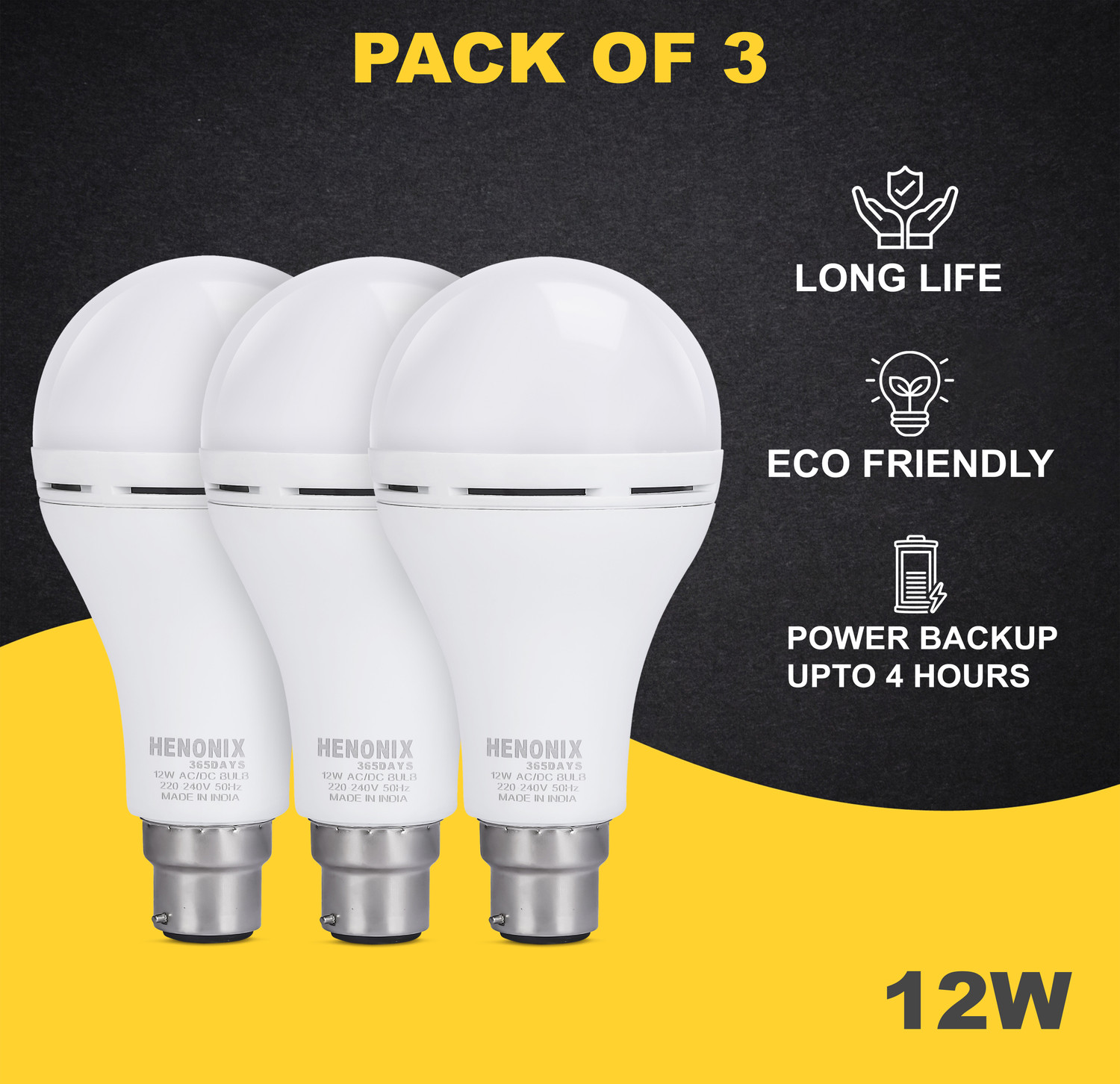 Image of HENONIX 12W Emergency LED Bulb with Built-in Battery Backup for Power Failures 4 hrs Bulb Emergency Light