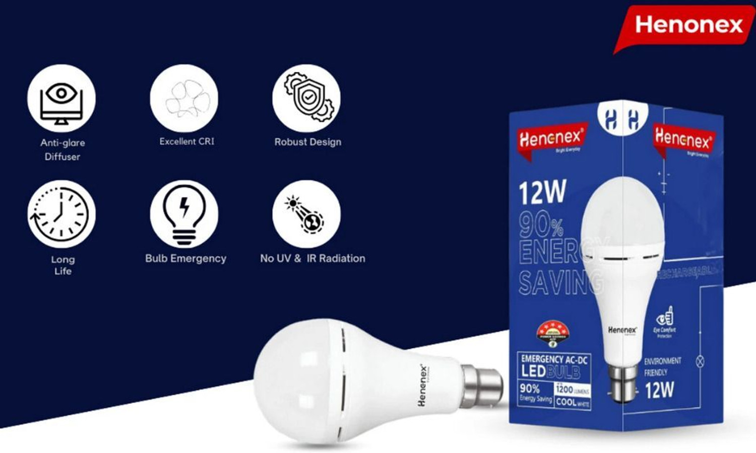 Image of Henonex 12W Battery Backup Bulb for Emergency Lighting 2 hrs Bulb Emergency Light