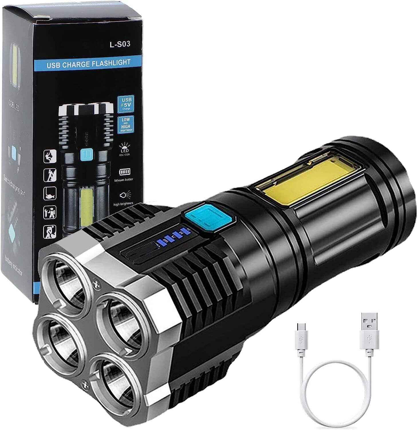 Image of Zakheza 4-in-1 Rechargeable LED Torch, Waterproof High-Power Pocket Flashlight USB-C Black Plastic Table Lantern