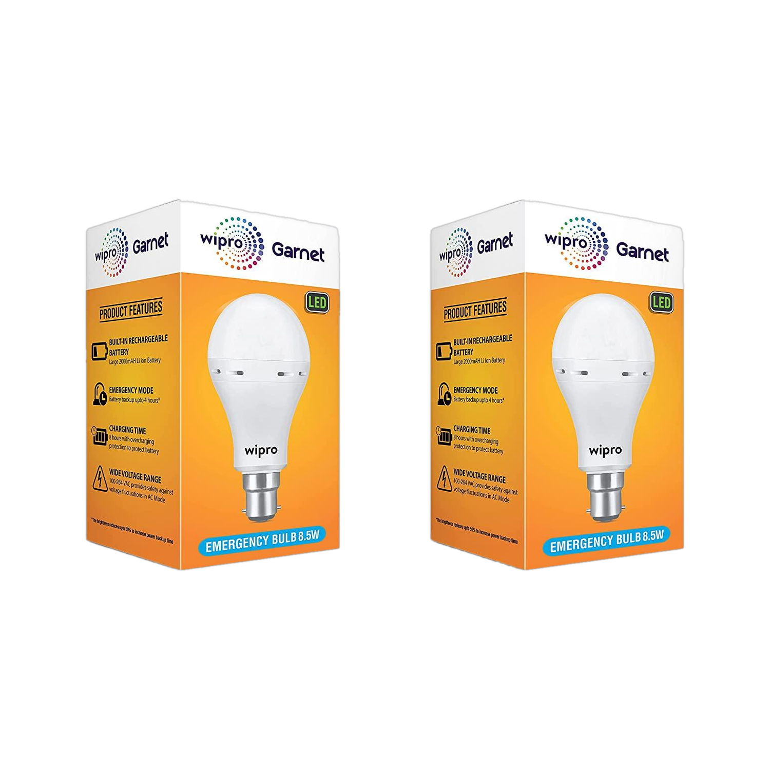 Wipro 8.5W Rechargeable LED (Pack of 2) with backup of 4 hrs Bulb Emergency Light