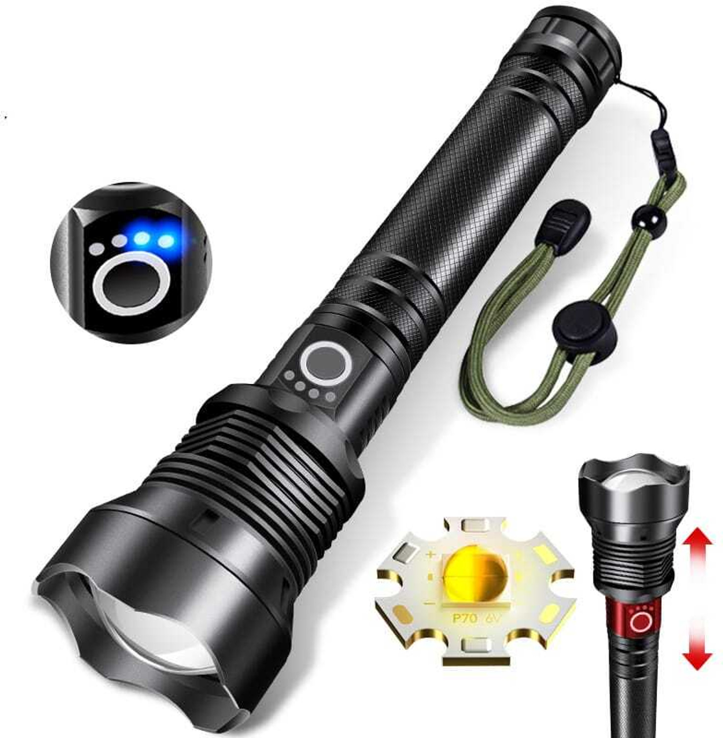 Image of Oximus High Power Long Distance Rechargeable Flashlight Support Zoom In /Focus XHP90 12 hrs Torch Emergency Light