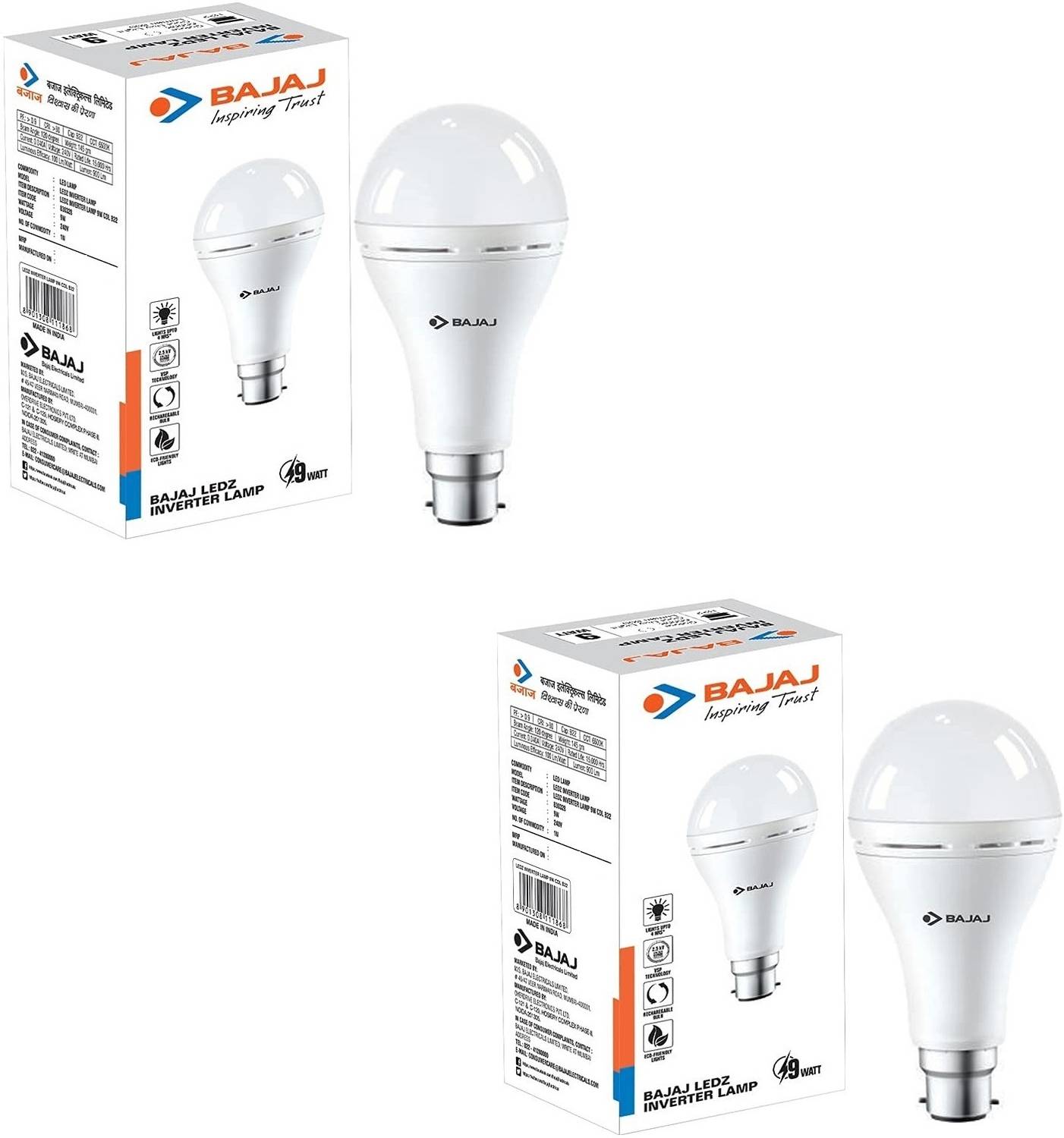 BAJAJ 9W B22 WHITE EMERGENCY LED BULB PACK OF-02 8 hrs Bulb Emergency Light