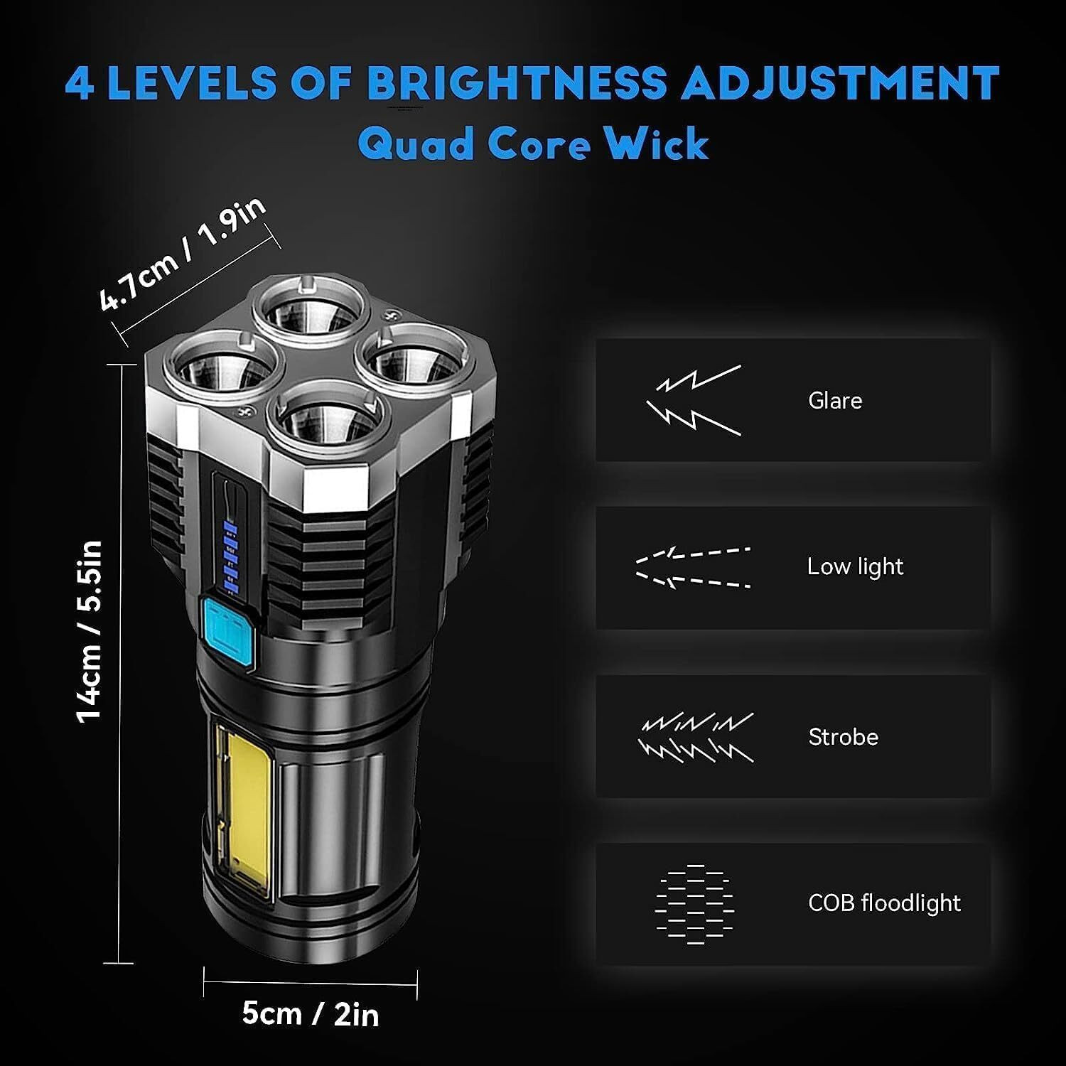 Image of Zakheza 4-in-1 Rechargeable LED Torch, Waterproof High-Power Pocket Flashlight USB-C Black Plastic Table Lantern