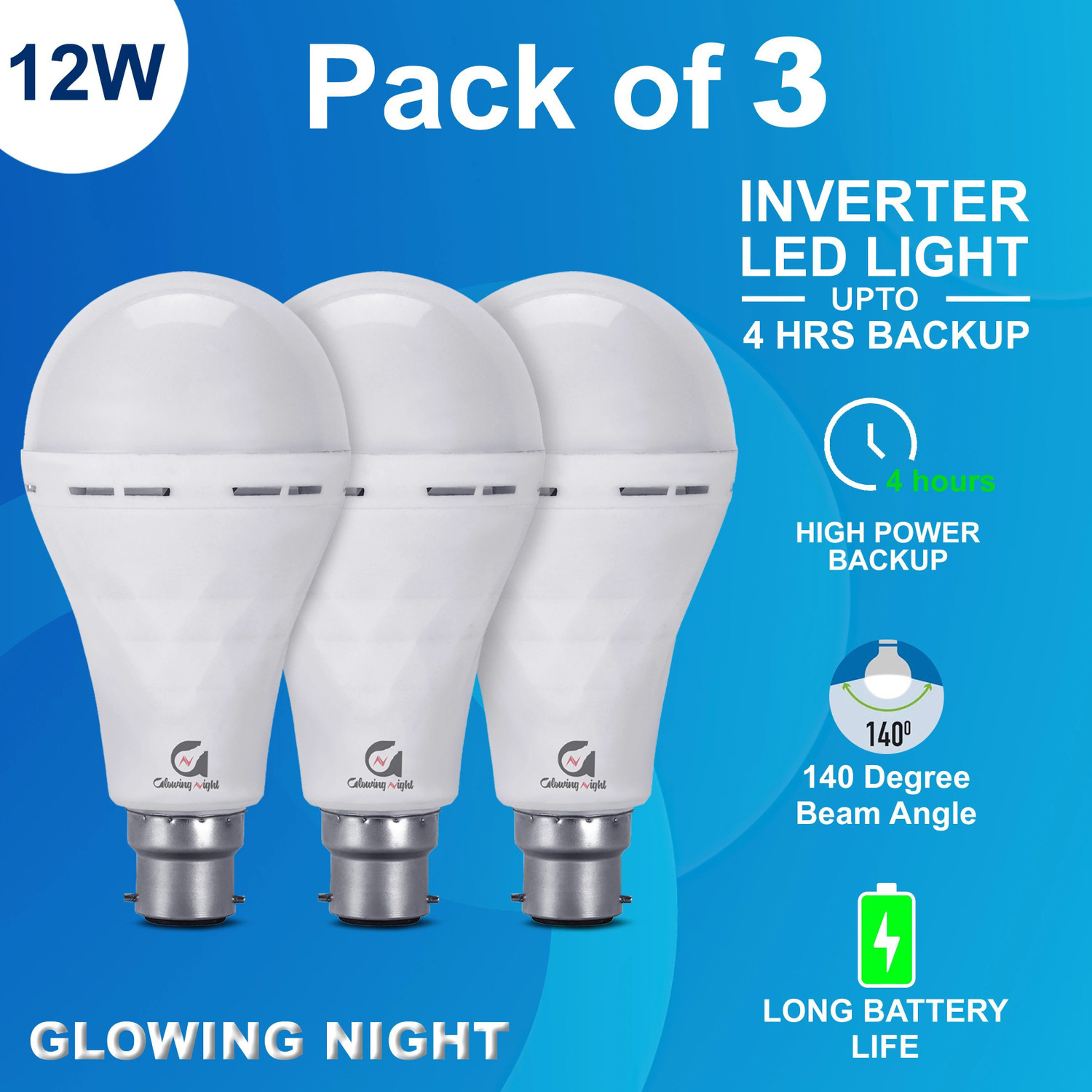 Image of Glowing Night 12 W Round B22 Inverter Bulb 4 hrs Bulb Emergency Light