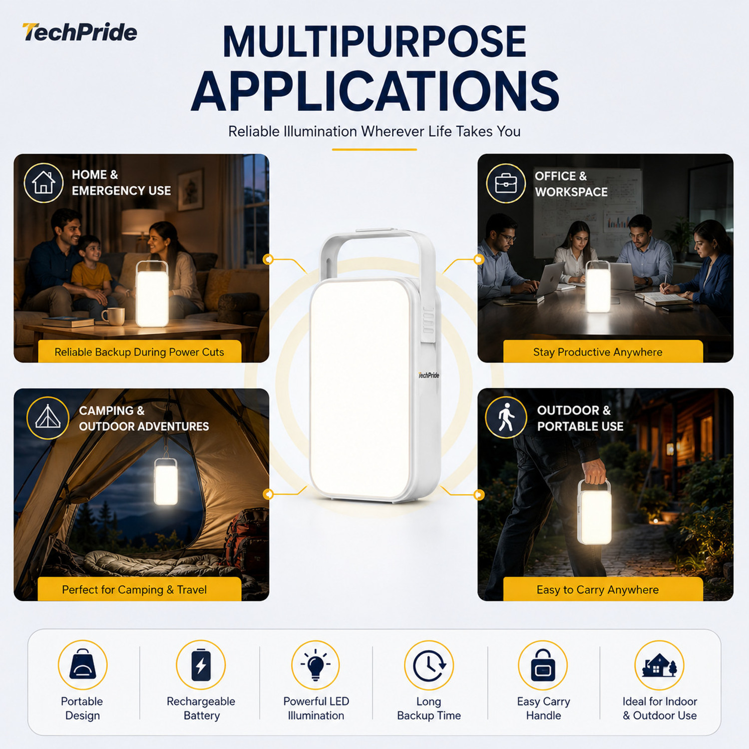 Image of TechPride LiteHouse Rechargeable Emergency Light with 4000mAh Battery Type C Charging 10 hrs Lantern Emergency Light