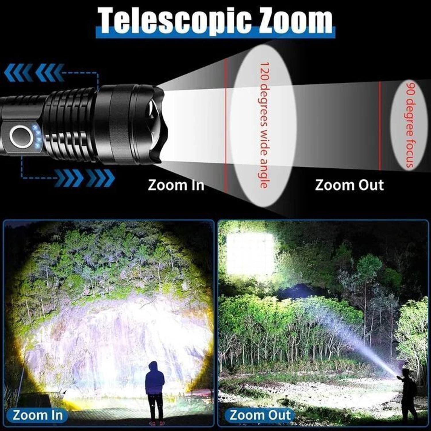 Image of HYMASA 376 Rechargeable Led Metal Zoomable 5 Mode Flashlight /Torch Light 8 hrs Torch Emergency Light