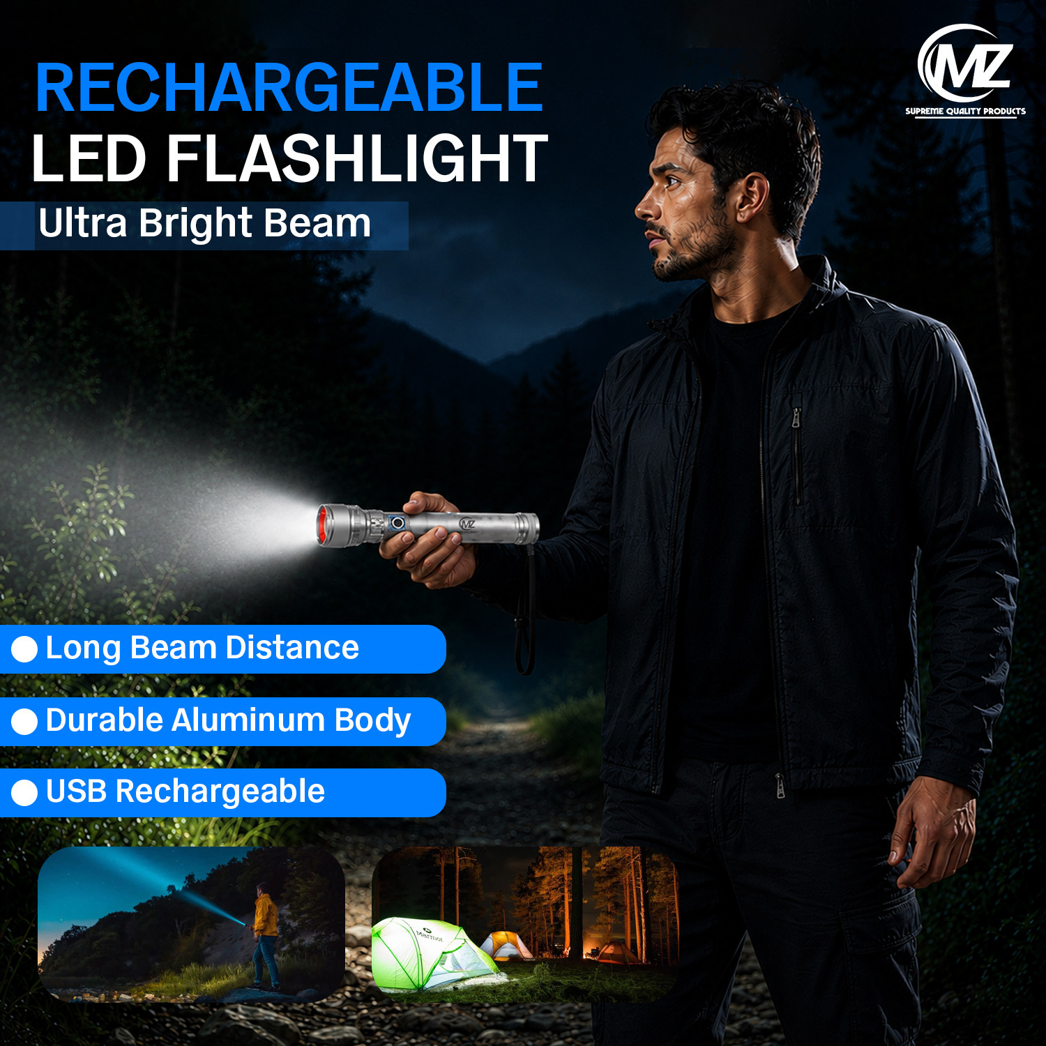Image of MZ Super Bright Zoomable Rechargeable Metal Search Light with 4000mAh Battery 6 hrs Torch Emergency Light