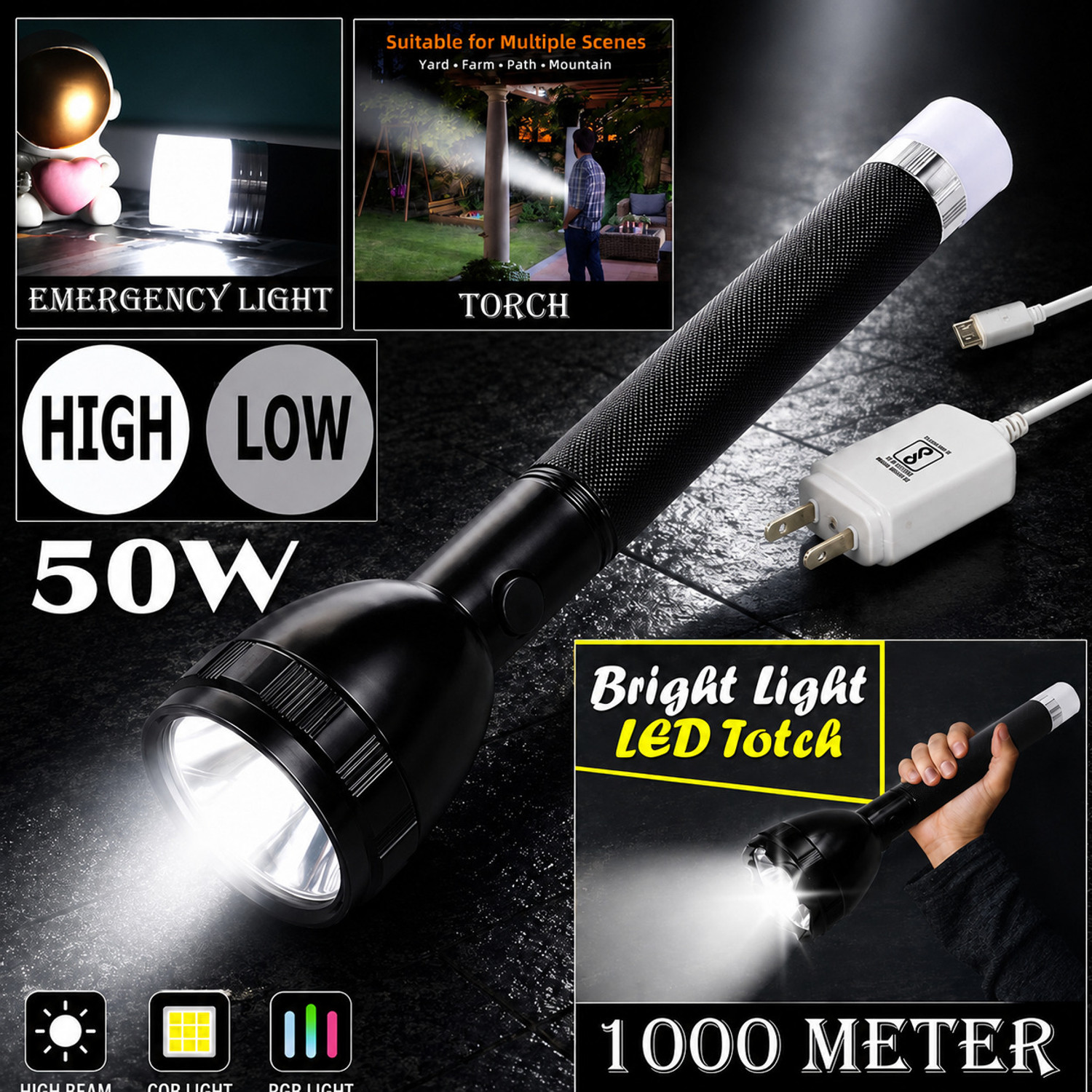 Image of CRENTILA 1000 Meter Long Range Searchlight 50W High Power Torch with Tail Light 8 hrs Torch Emergency Light (Black)