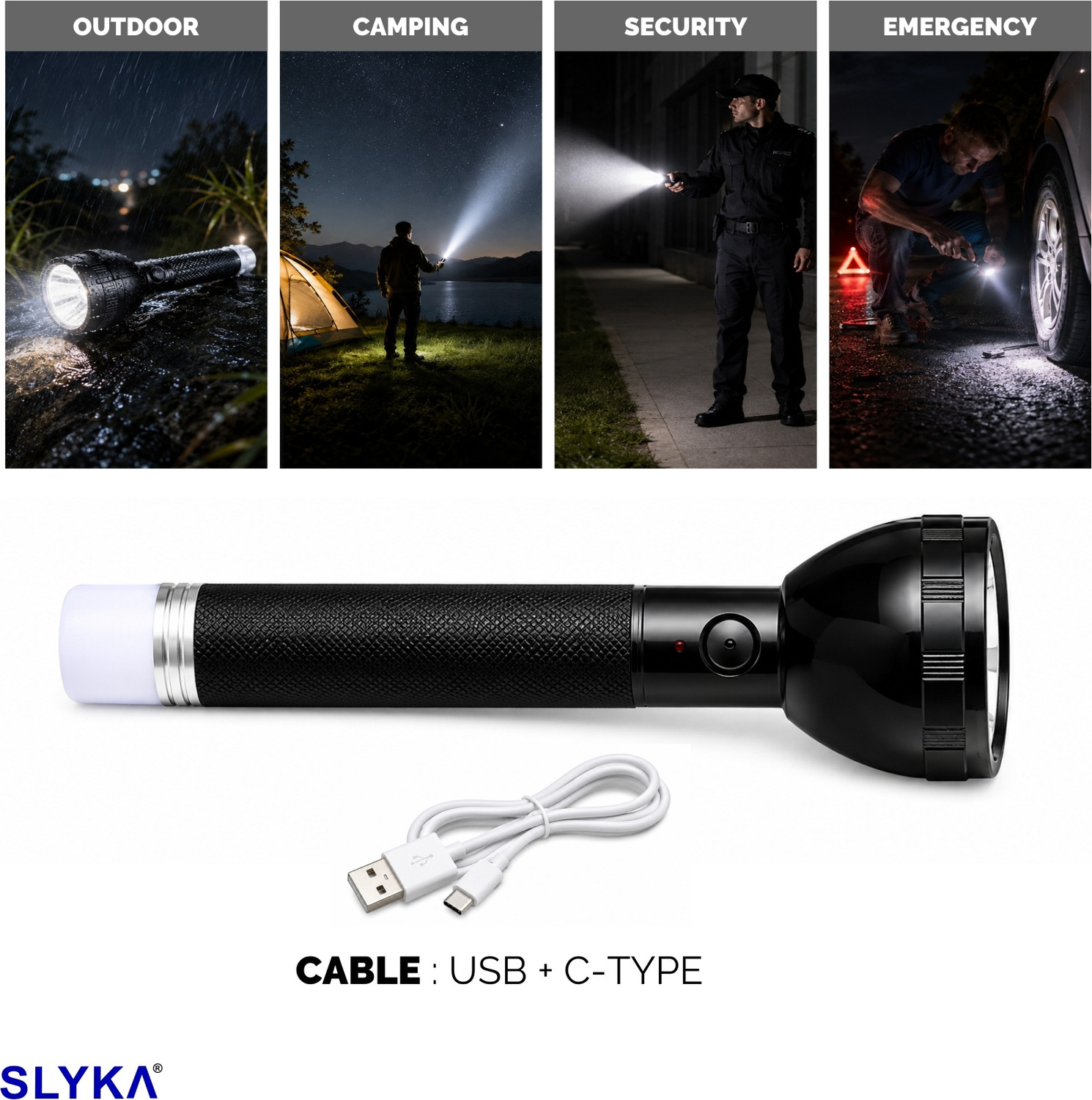 Image of SLYKA 100 Watt LED Torch with Emergency Tail Light Rechargeable torch Flood Lamp 10 hrs Lantern Emergency Light