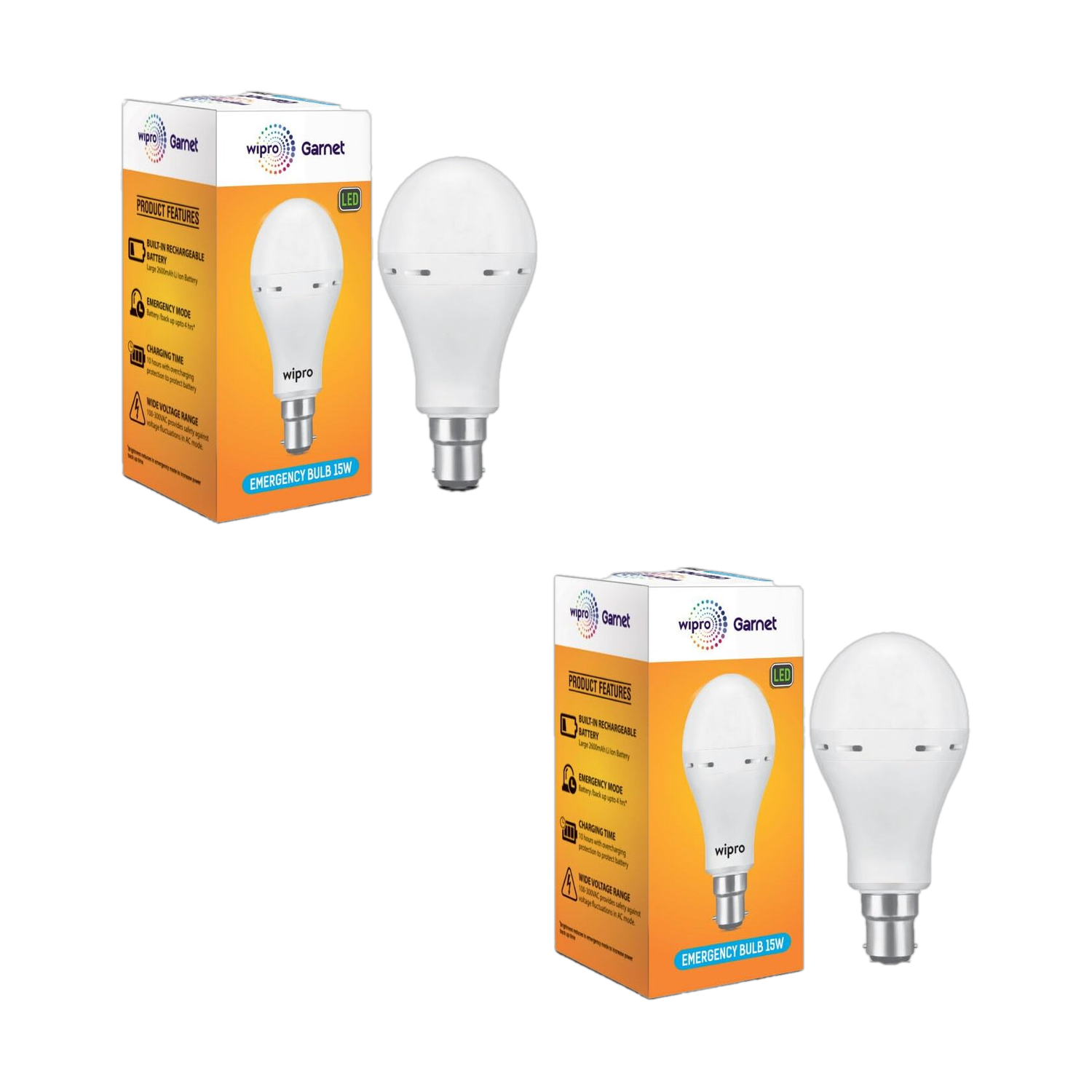 Wipro 15W LED Bulb (Pack of 2) with backup of upto 4 hrs Bulb Emergency Light