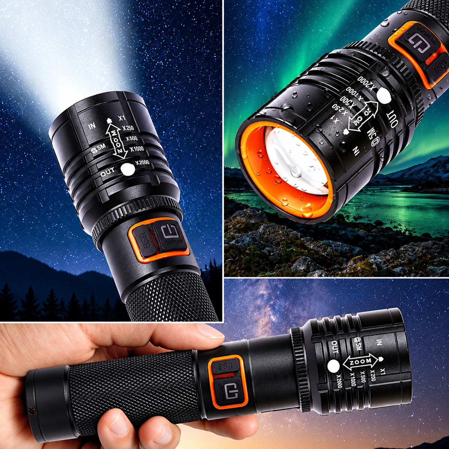 Image of Zeus Volt Aluminum Alloy Flashlight 30W LED Side COB Type-C USB 3 Modes Zoomable 6 hrs Torch Emergency Light (Multicolor)