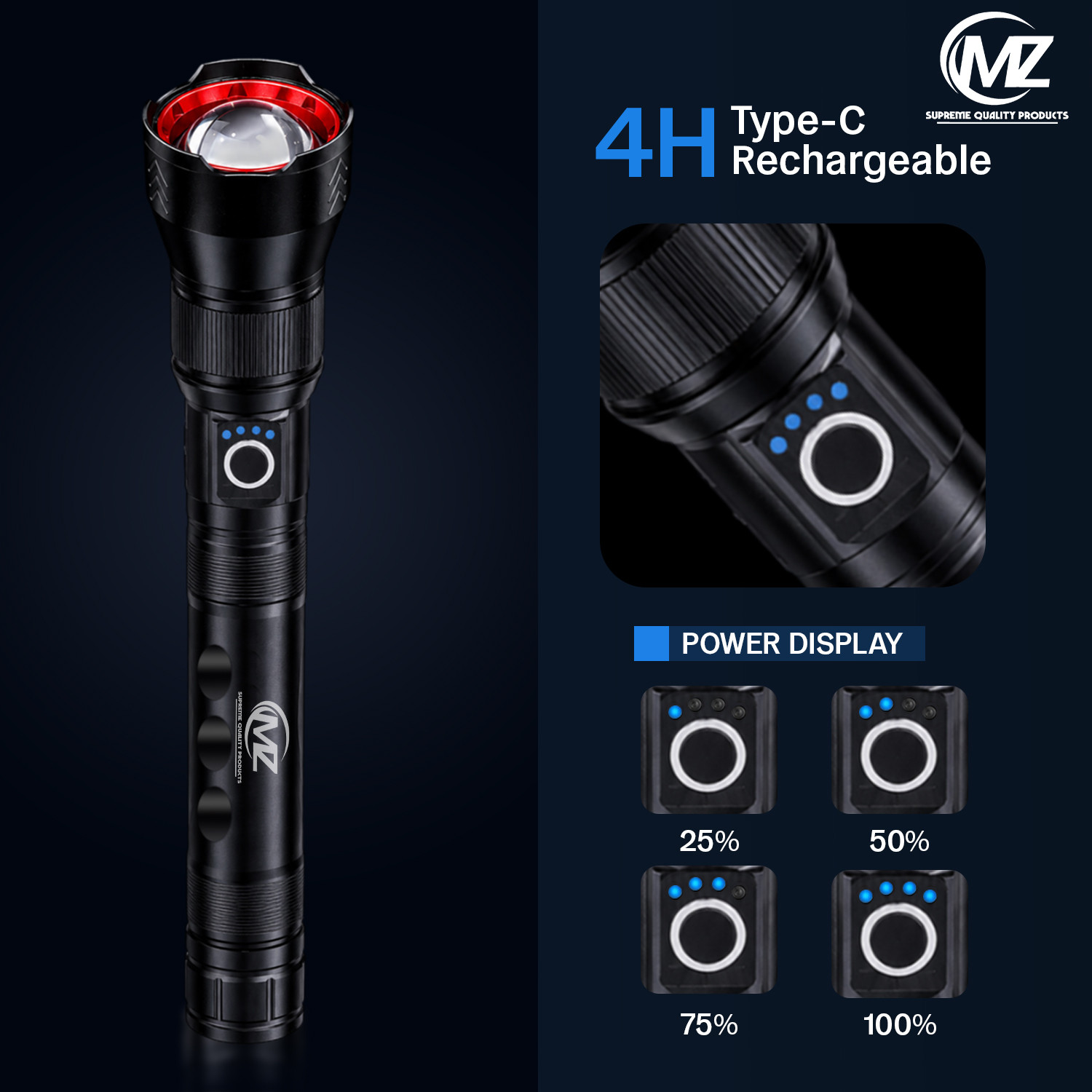 Image of MZ Super Bright Zoomable Rechargeable Metal Search Light with 4000mAh Battery 6 hrs Torch Emergency Light