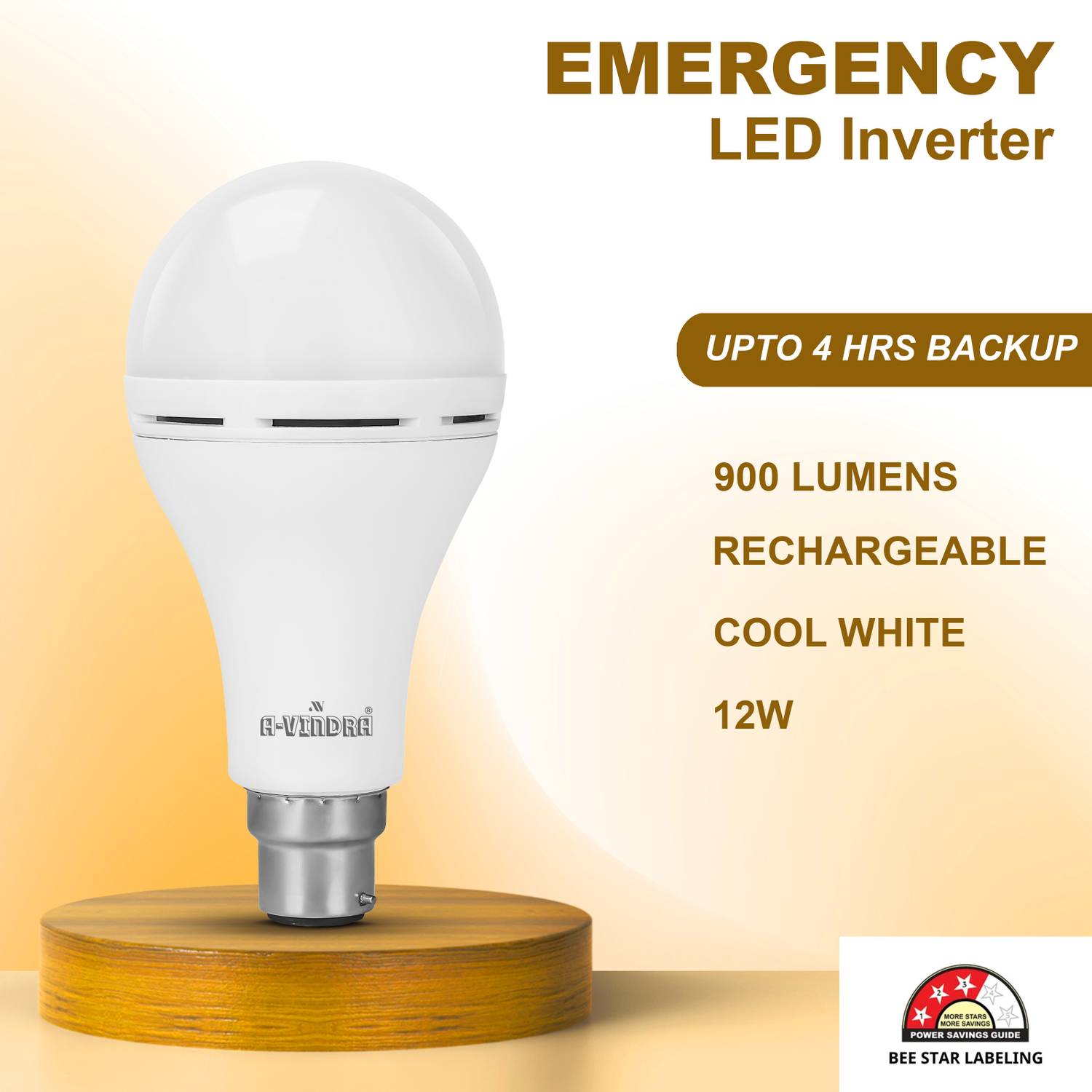 AVINDRA 12W LED Emergency Bulb | Battery Backup | Cool White | B22 | Rechargeable 4 hrs Bulb Emergency Light