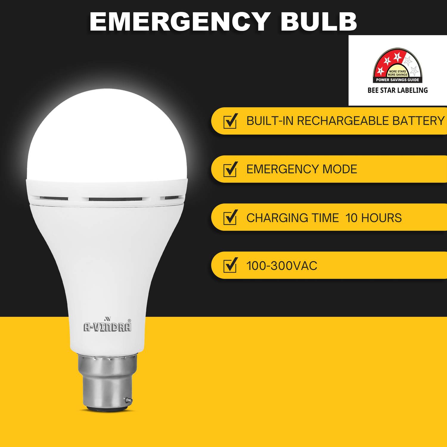 AVINDRA 12W Emergency Bulb | Rechargeable LED Light | Battery Backup | 6500K 4 hrs Bulb Emergency Light
