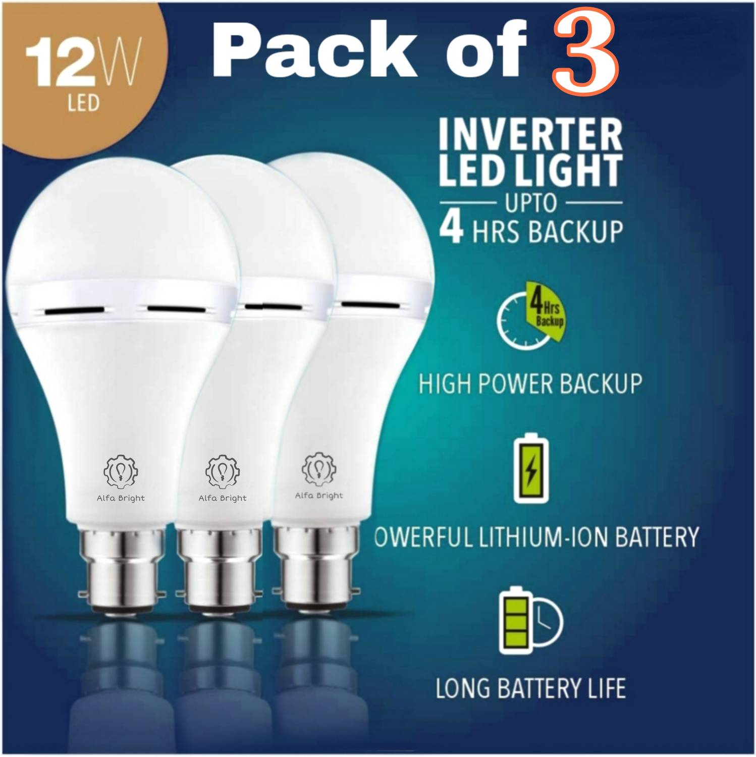 Alfa Bright inverter rechargeable emergency bulb 12wt pack of 3 upto 4Hrs backup 4 hrs Bulb Emergency Light
