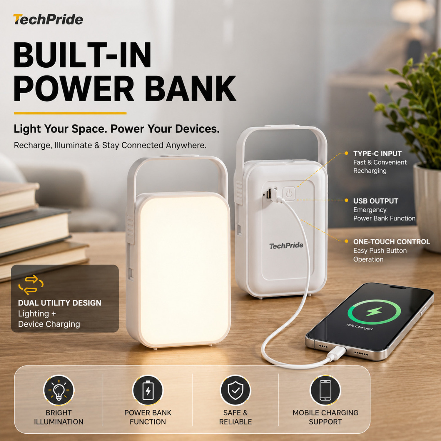 Image of TechPride LiteHouse Rechargeable Emergency Light with 4000mAh Battery Type C Charging 10 hrs Lantern Emergency Light