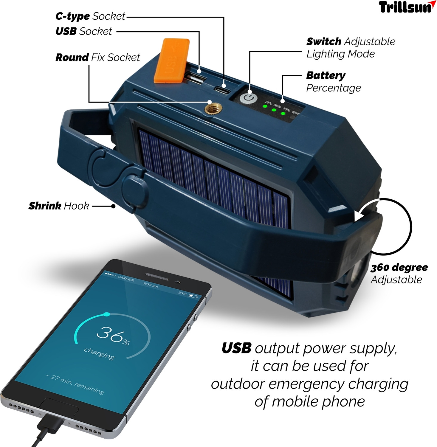 Image of Trillsun Multi-Function Led Solar Lamp with Power bank Rechargeable Portable light Table Lamp