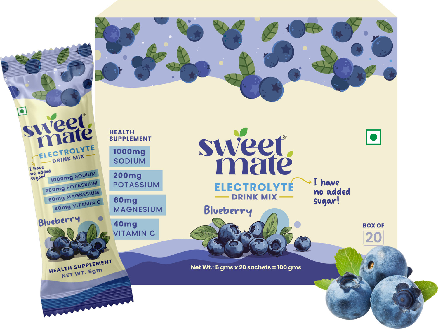 Image of Sweetmate No Added Sugar Electrolyte Drink Mix Blueberry Hydration Drink