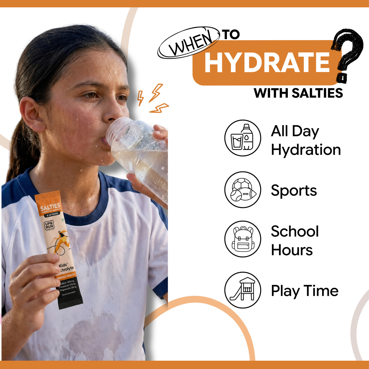 Image of UP&RUN Salties Kids Electrolyte Powder | Gut Friendly & Sugar Free Hydration Drink