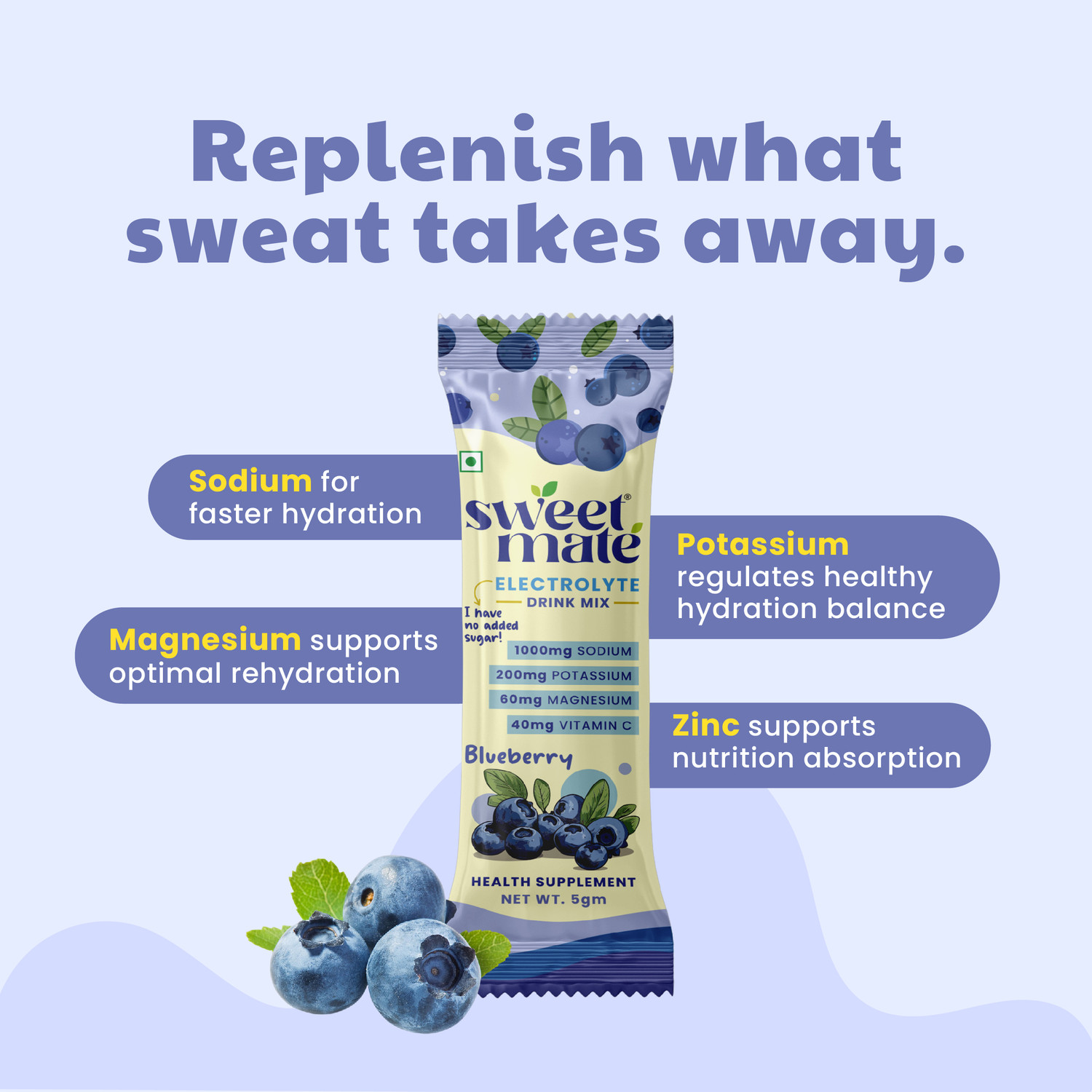 Image of Sweetmate No Added Sugar Electrolyte Drink Mix Blueberry Hydration Drink