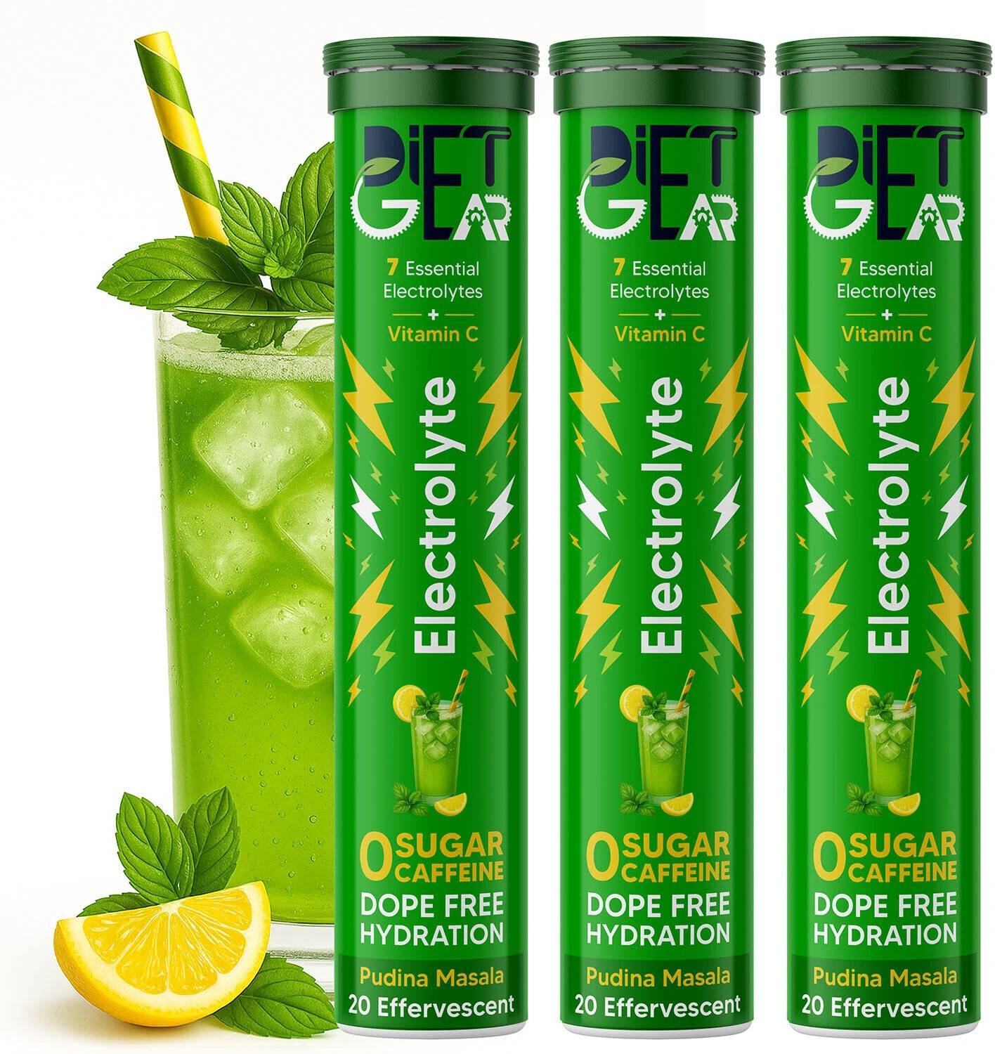 DIET GEAR Electrolytes Effervescent, Zero Sugar, Zero Caffeine, Pre & Post Workout Energy Hydration Drink