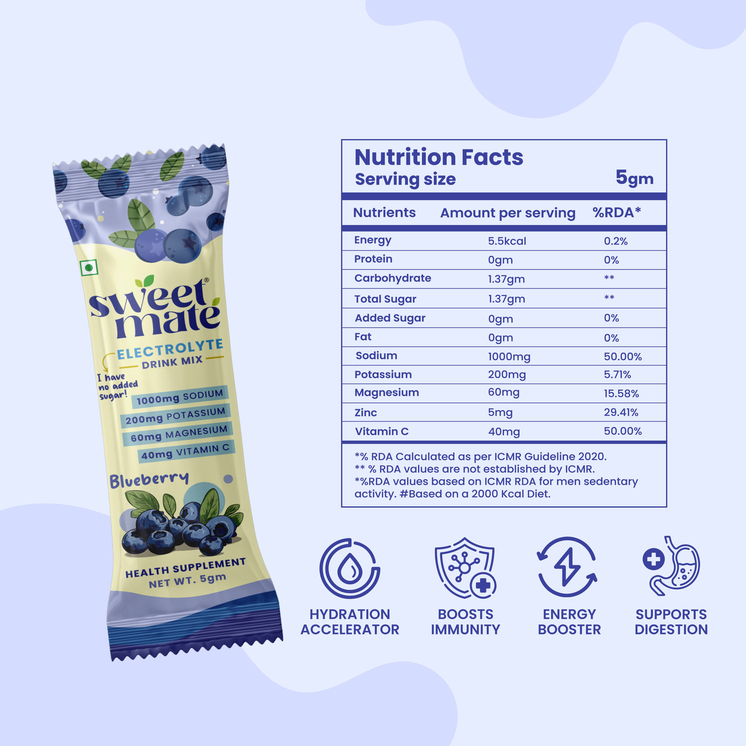 Image of Sweetmate No Added Sugar Electrolyte Drink Mix Blueberry Hydration Drink