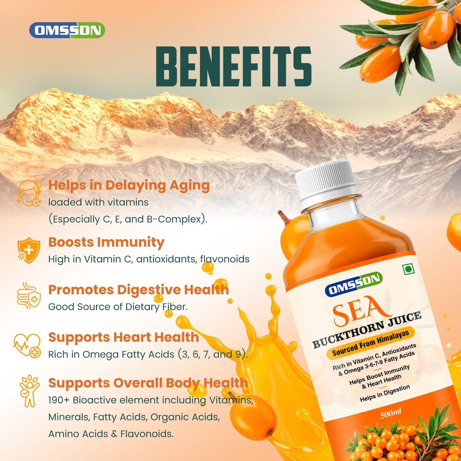 Image of OMSSDN Himalayan Sea Buckthorn Drink Juice for Boost Immunity & Healthy Heart