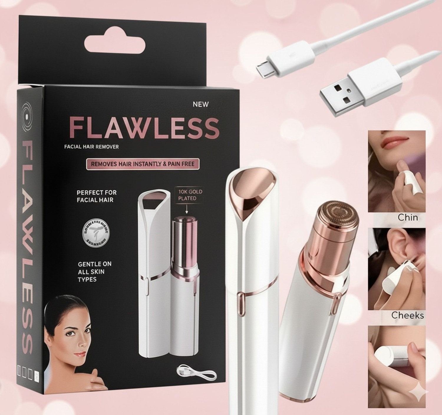 Image of Online mega mart Women's USB Flawless Facial Hair Remover - Painless & Gentle Cordless Epilator (White)