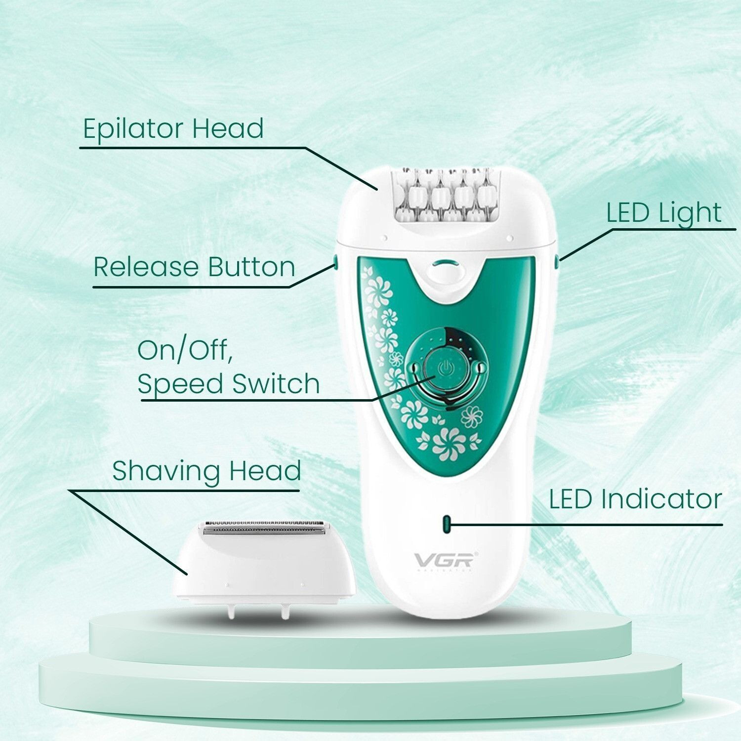 Image of VGR V-722 Professional 2in1 Cordless Epilator (White, Green)