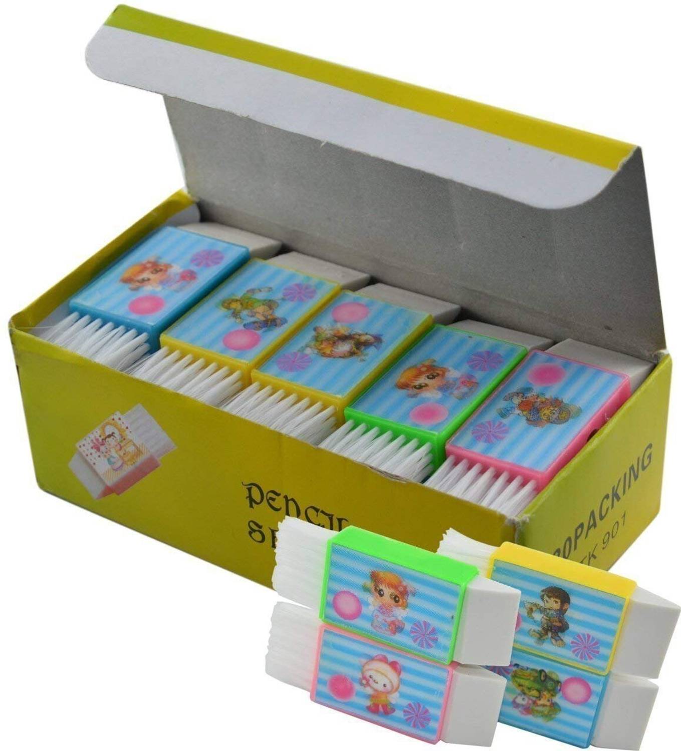Aagaj Supreme Quality Sharpener Eraser Brush 3 in one - Pack of 20- Multi Color Non-Toxic Eraser