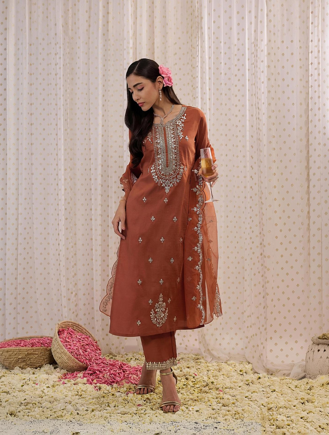 Image of Indo Era Women Silk Blend Kurta Pant Dupatta Set