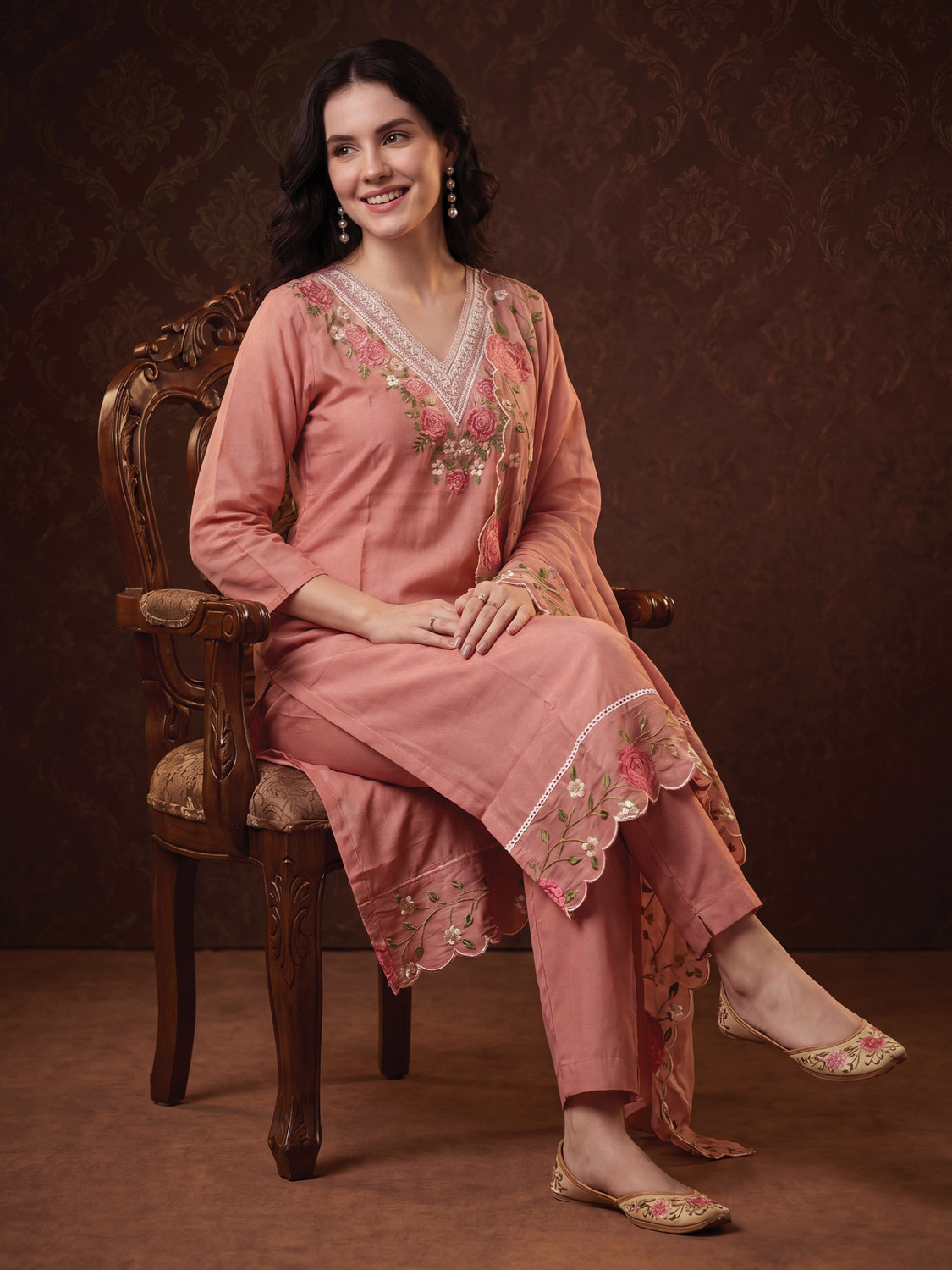 Image of Indo Era Women Silk Blend Kurta Pant Dupatta Set