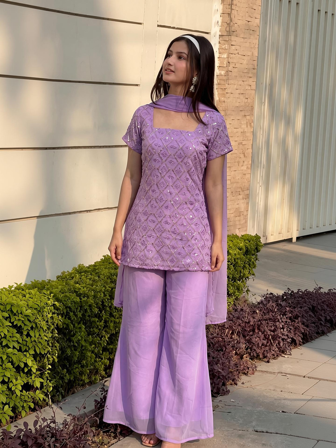 Image of DISHWA FASHION Women Georgette Kurti Palazzo Dupatta Set
