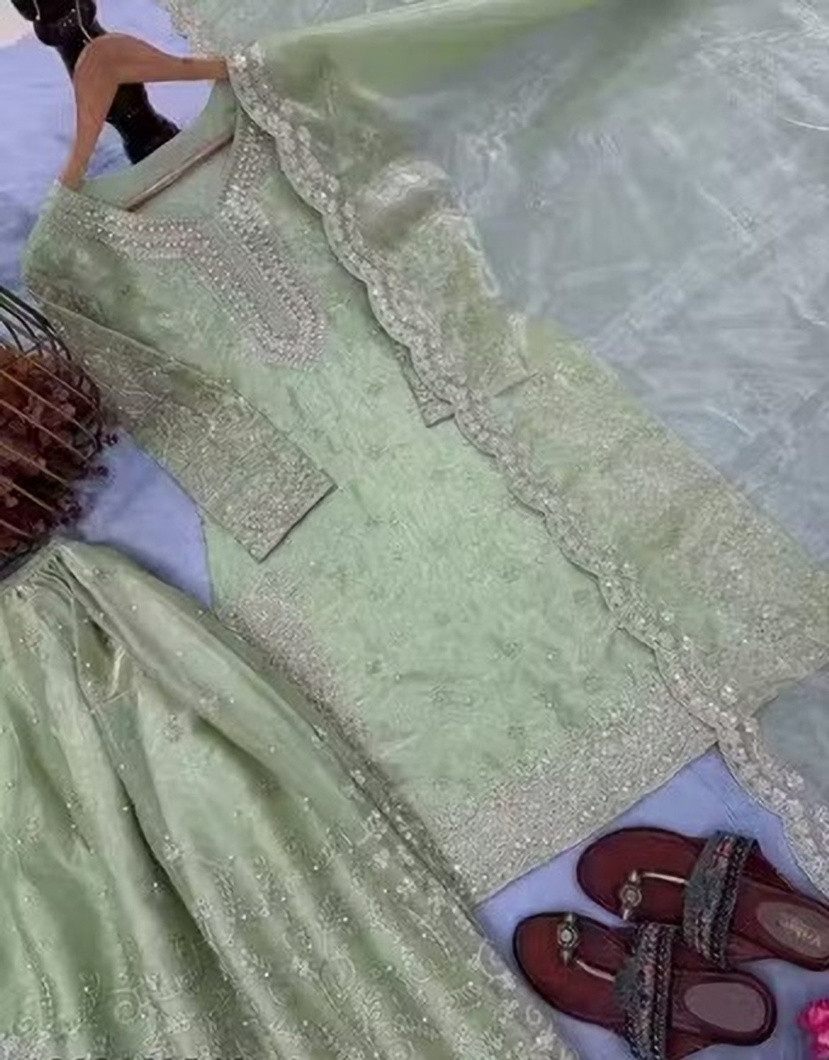 Image of BlissWeave Women Organza Kurta Palazzo Dupatta Set